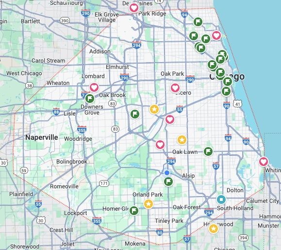 Map of the IRJ Home Inspections service area around Chicago